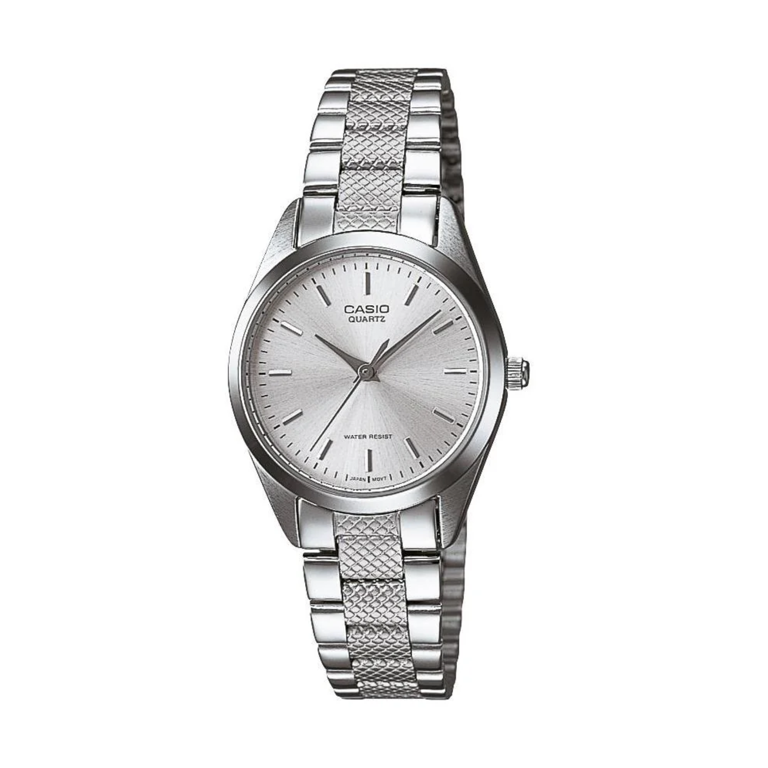 Silver Casio watch with a mesh band on a white background