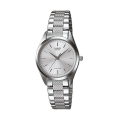 Silver Casio watch with a mesh band on a white background