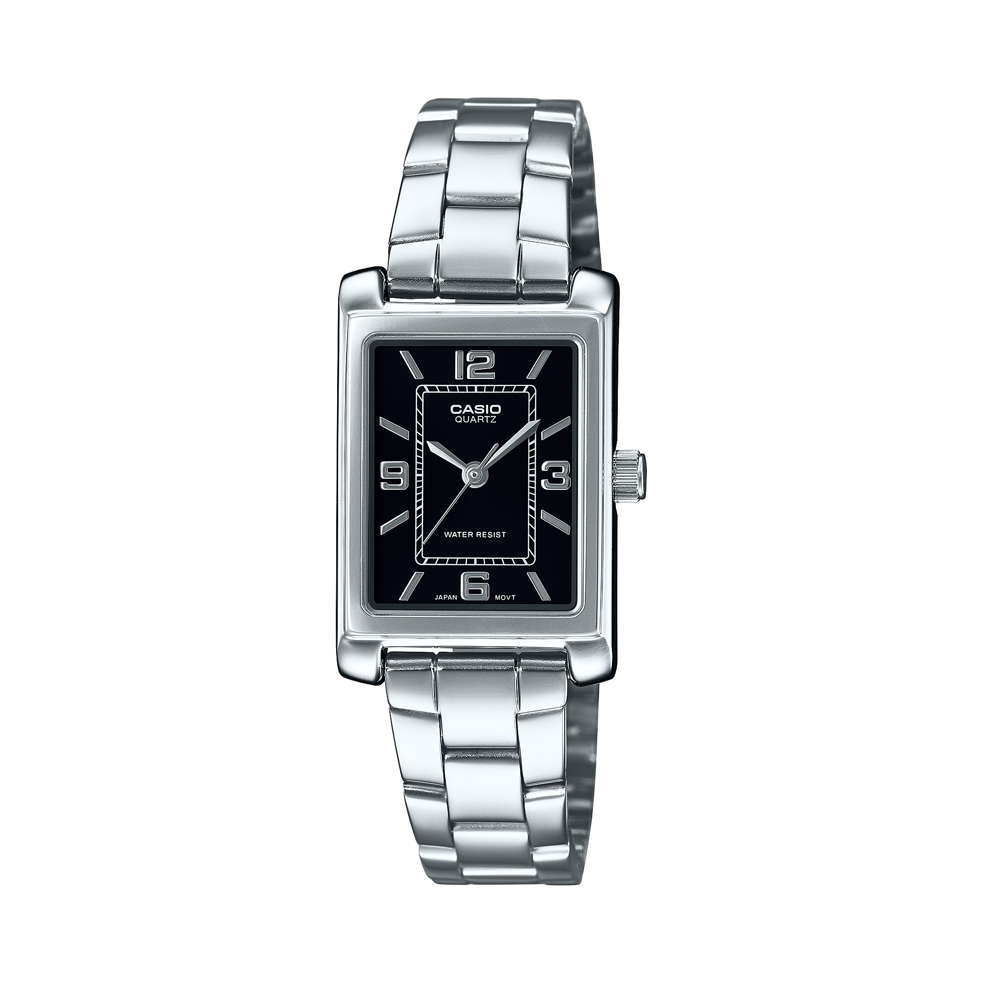 Silver Casio watch with a black face on a white background