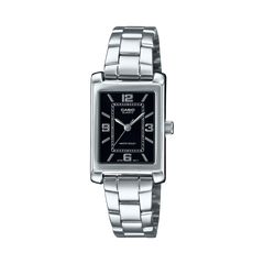Silver Casio watch with a black face on a white background
