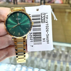 CASIO LTP-VT02G-3AUDF Women’s Analog Watch – Gold Stainless Steel, Green Dial, Quartz Movement, Water Resistant, Elegant Classic Design