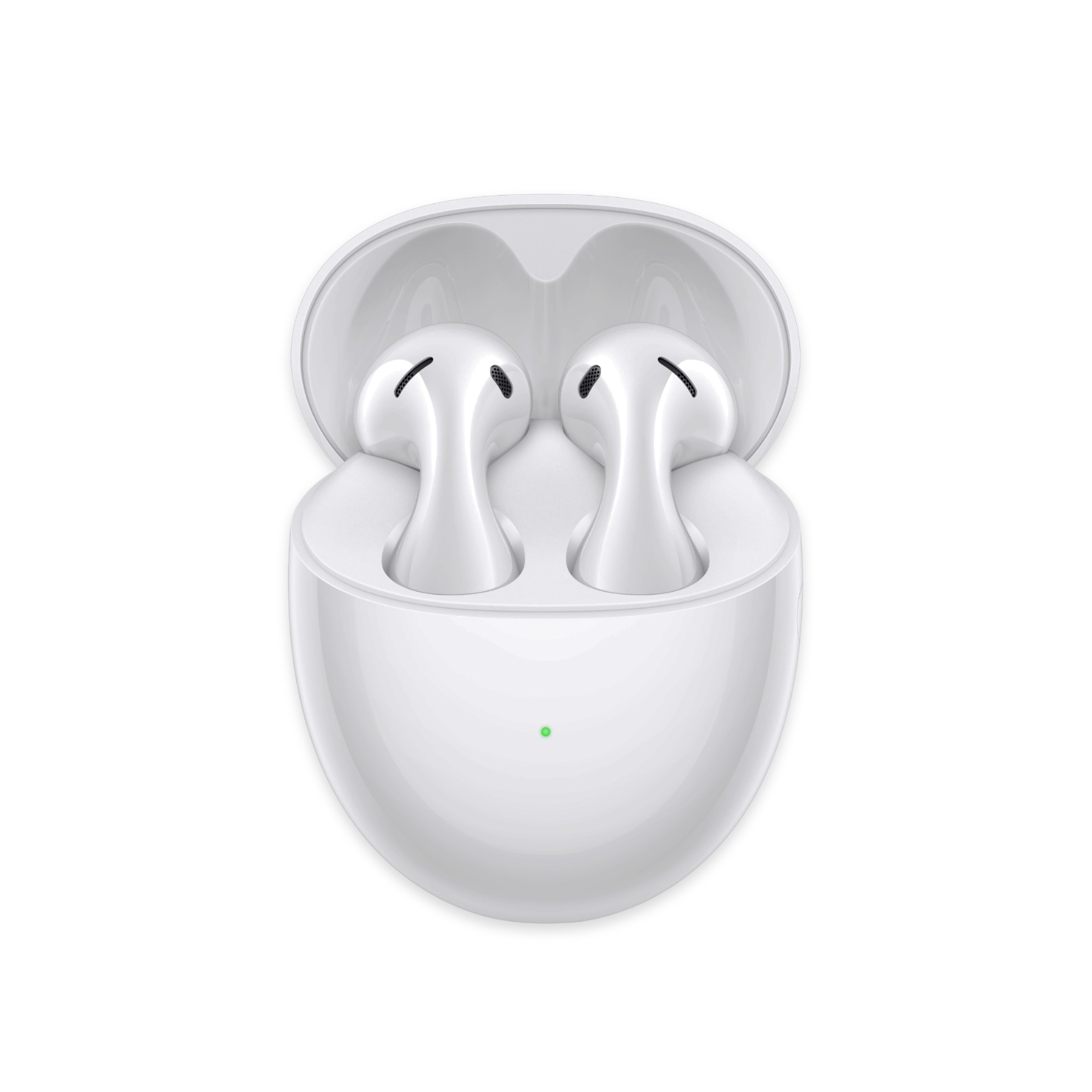 White wireless earbuds in a charging case on a white background