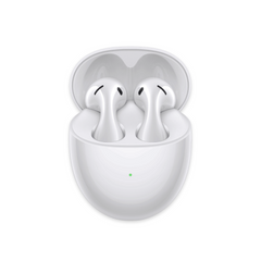 White wireless earbuds in a charging case on a white background
