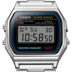 CASIO A158WA-1DF Vintage Digital Watch – Unisex Silver Stainless Steel, Black Display, LED Light, Alarm, Stopwatch, Water Resistant, Quartz Retro Classic