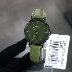 CASIO LTP-VT02BL-3AUDF Women’s Analog Watch – Green Sunray Dial, Leather Band, Slim Gold Case, Minimalist Quartz Fashion Watch