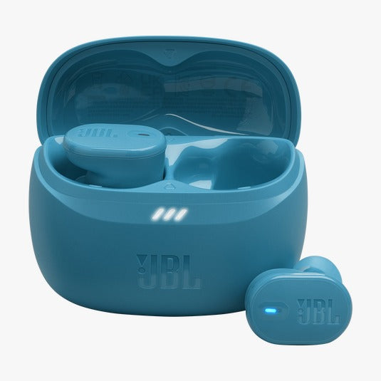 Blue JBL wireless earbuds with charging case on a white background