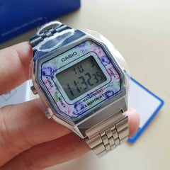 CASIO LA680WA-2CDF Vintage Digital Watch – Blue Dial, Stainless Steel Bracelet, LED Light, Stopwatch, Alarm, Water Resistant