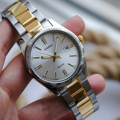 CASIO MTP-1302PSG-7A Men’s Analog Watch – Two-Tone Silver/Gold Stainless Steel, White Dial, Date Window, Quartz, Mineral Glass, 50M Water Resistant