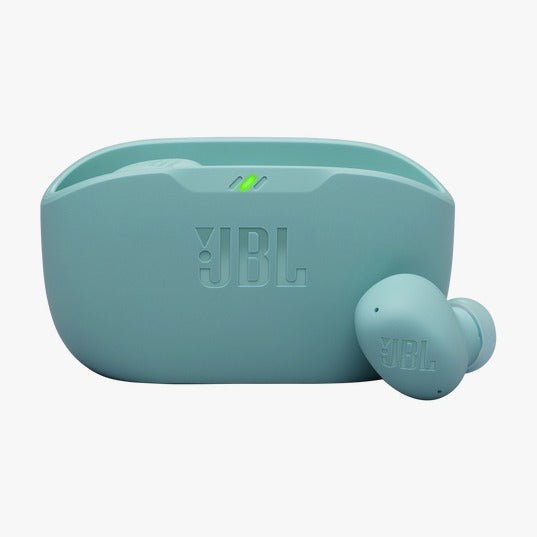 Teal JBL wireless earbuds with charging case on a white background
