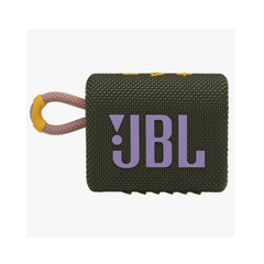 Green JBL portable speaker with a purple logo on a white background