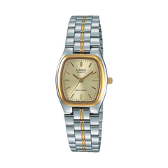 Casio watch with silver and gold band on a white background