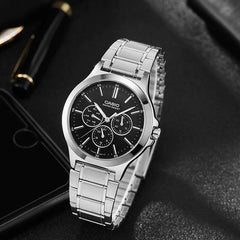 CASIO LTP-V300D-1AUDF Women’s Analog Watch – Silver Stainless Steel, Black Dial, Multi-Dial Design, Quartz Movement, Water Resistant, Elegant Classic Style