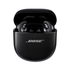 Bose wireless earbuds in a black charging case on a white background