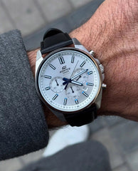 CASIO EDIFICE EFV-650L-7AVUDF Men’s Chronograph Watch – White Dial, Genuine Leather Strap, Quartz, Date Display, Mineral Glass, 100M Water Resistant, Stainless Steel Case