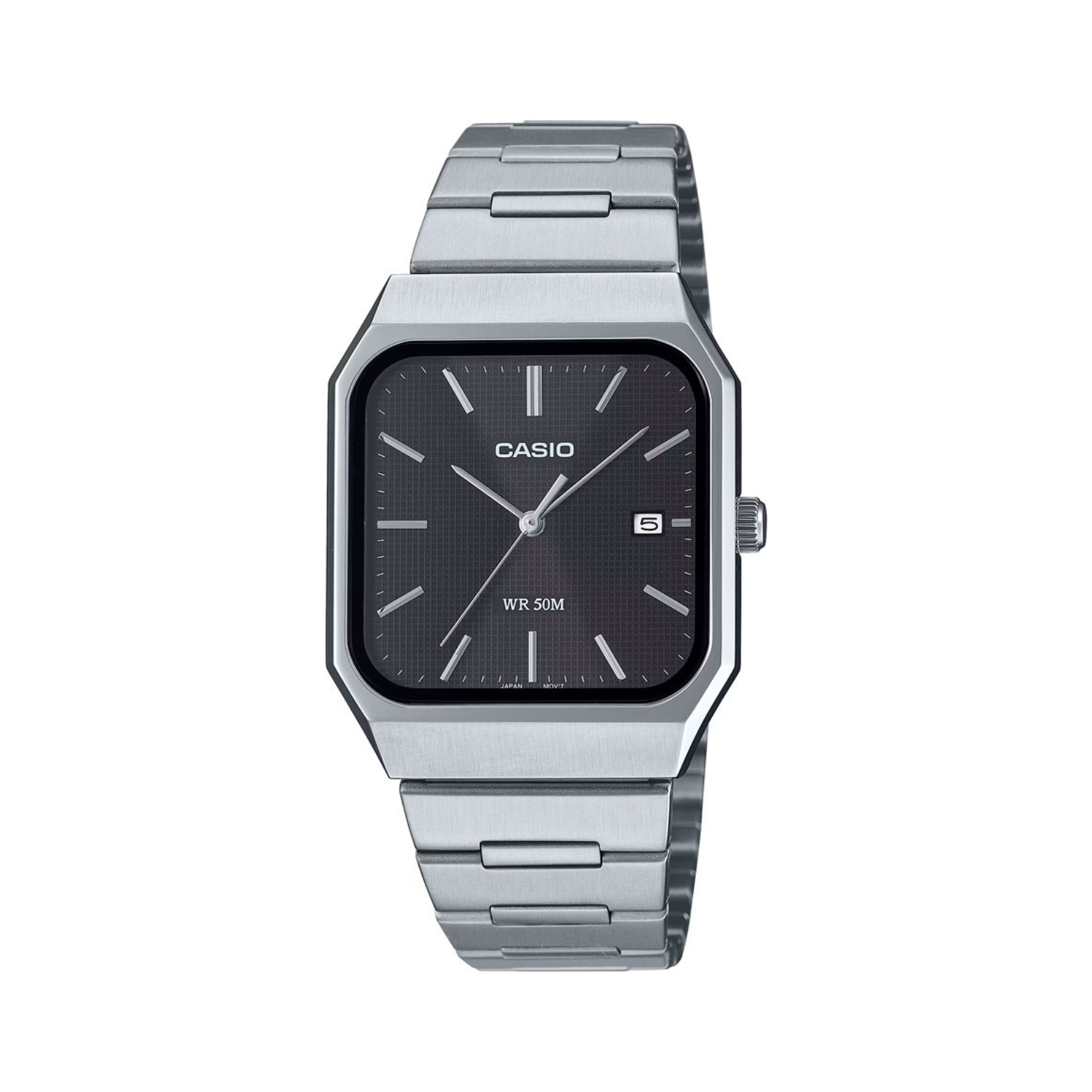 Silver Casio watch with a black face on a white background