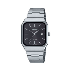 Silver Casio watch with a black face on a white background
