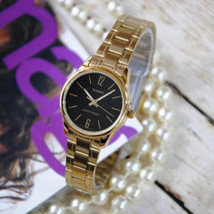 CASIO LTP-V005G-1BUDF Women’s Analog Watch – Gold Stainless Steel, Black Dial, Quartz Movement, Water Resistant, Elegant Classic Ladies Watch