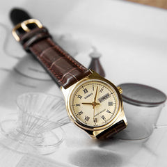 CASIO LTP-V006GL-9BUDF Women’s Analog Watch – Classic Roman Numerals, Champagne Dial, Genuine Leather Strap, Date Display, Quartz