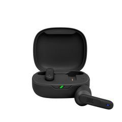 Black wireless earbuds with charging case on a white background