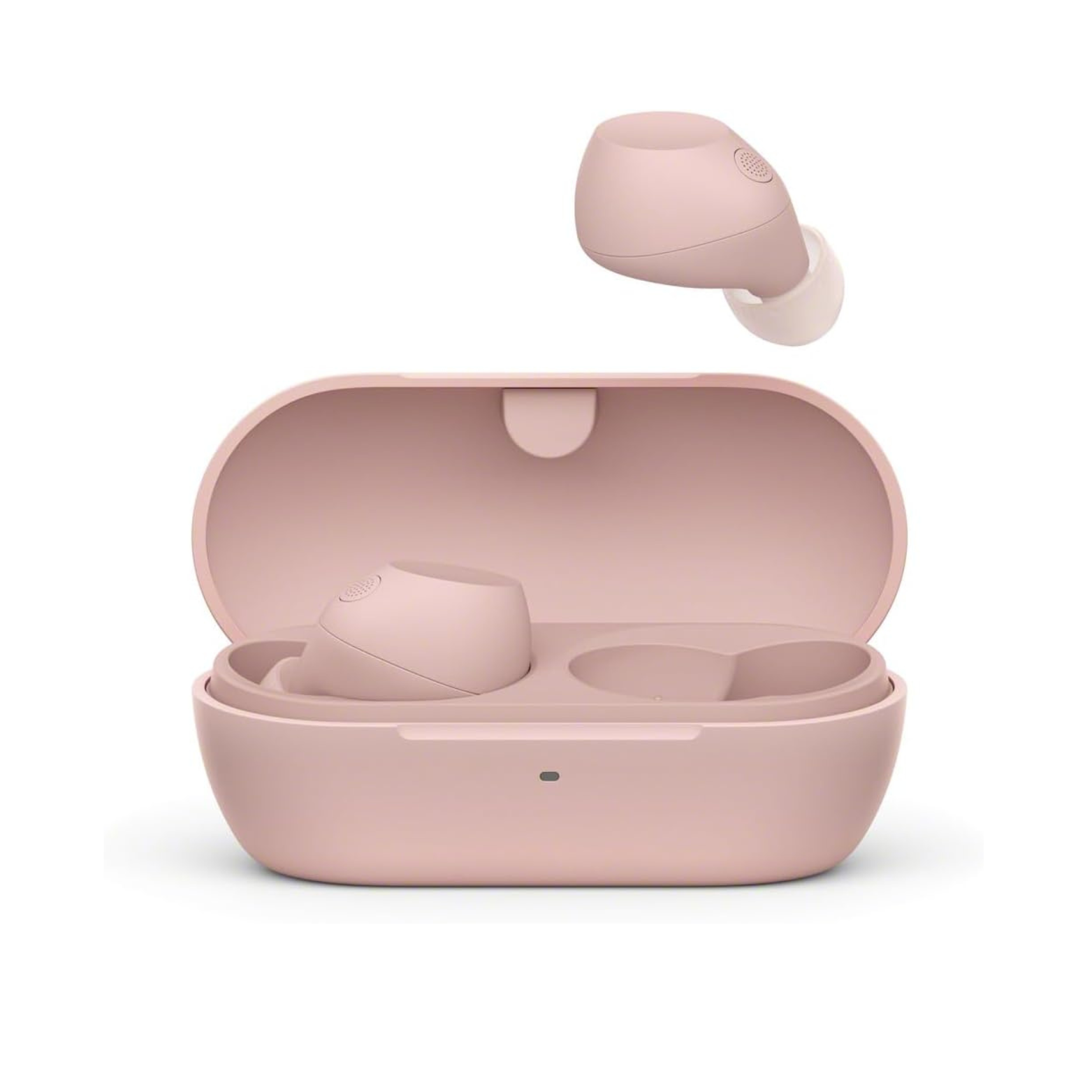 Pink wireless earbuds with charging case on a white background