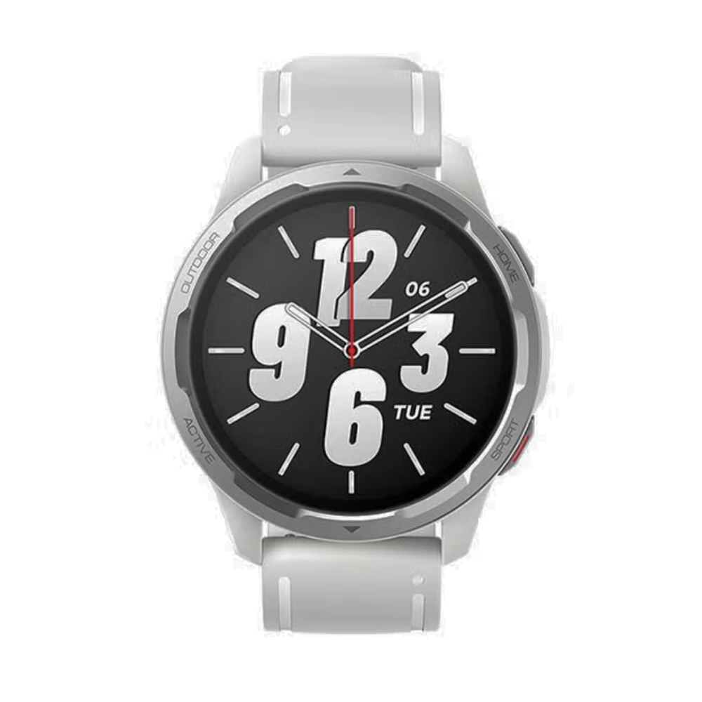 Smartwatch with a black dial and white strap on a white background