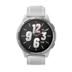 Smartwatch with a black dial and white strap on a white background