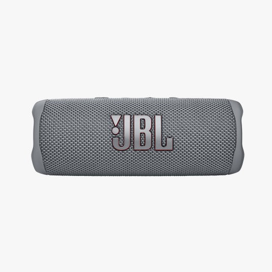 Gray JBL portable speaker on a white background