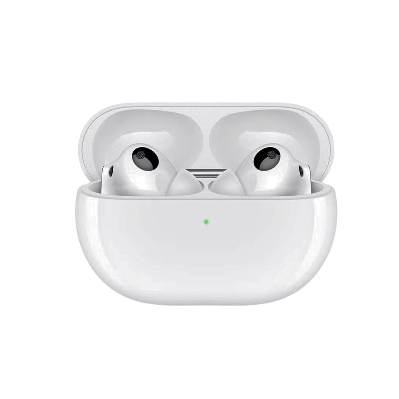 White wireless earbuds in a charging case on a white background