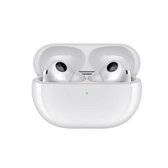 White wireless earbuds in a charging case on a white background