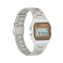 CASIO A158WEA-9EF Vintage Digital Watch – Unisex Silver Stainless Steel, Gold Dial, LED Light, Alarm, Stopwatch, Water Resistant, Quartz Retro Classic