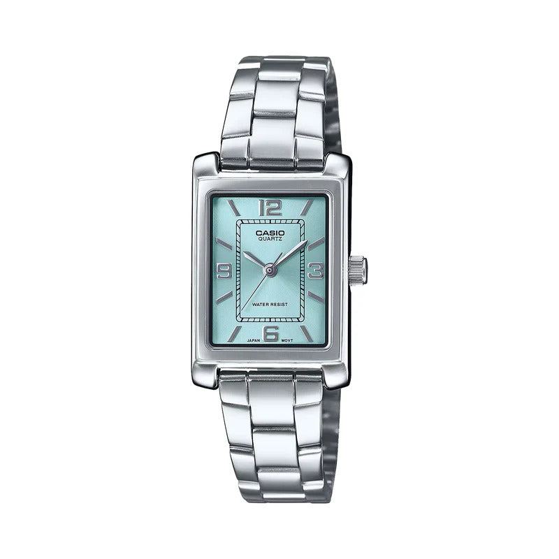 Silver Casio watch with a light blue face on a white background