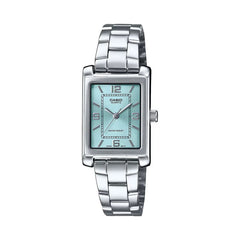 Silver Casio watch with a light blue face on a white background
