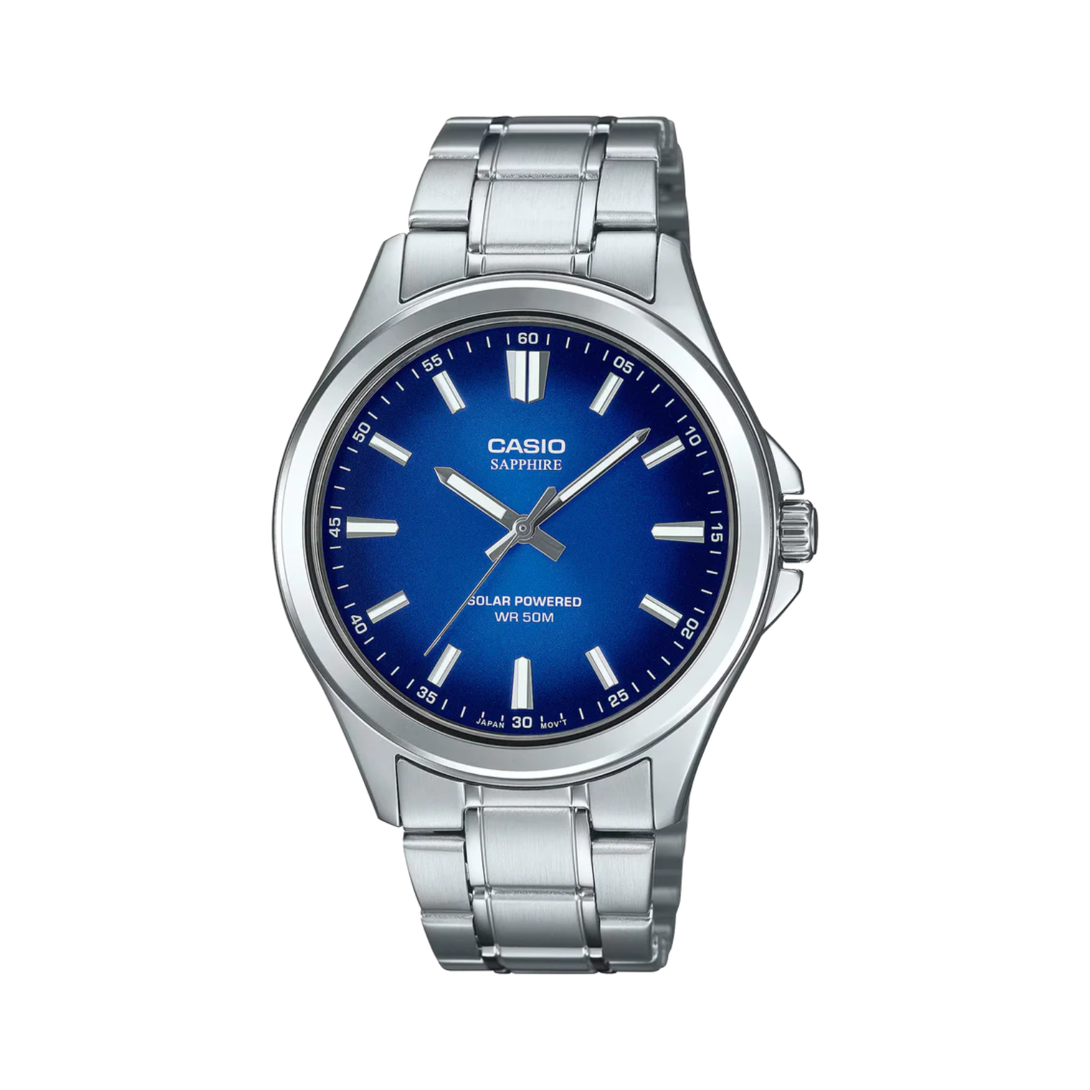 Casio watch with blue dial and silver metal strap on a white background