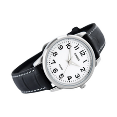 Casio LTP‑1303L‑7BVDF Women’s Analog Watch – White Dial, Black Leather, 50m water resistance
