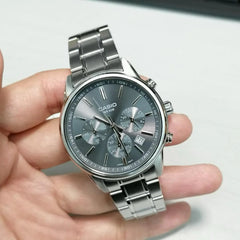 CASIO MTP‑E515D‑8AVDF Men’s Chronograph Watch – Grey Dial Stainless Steel, 50 m Water Resistance, Quartz