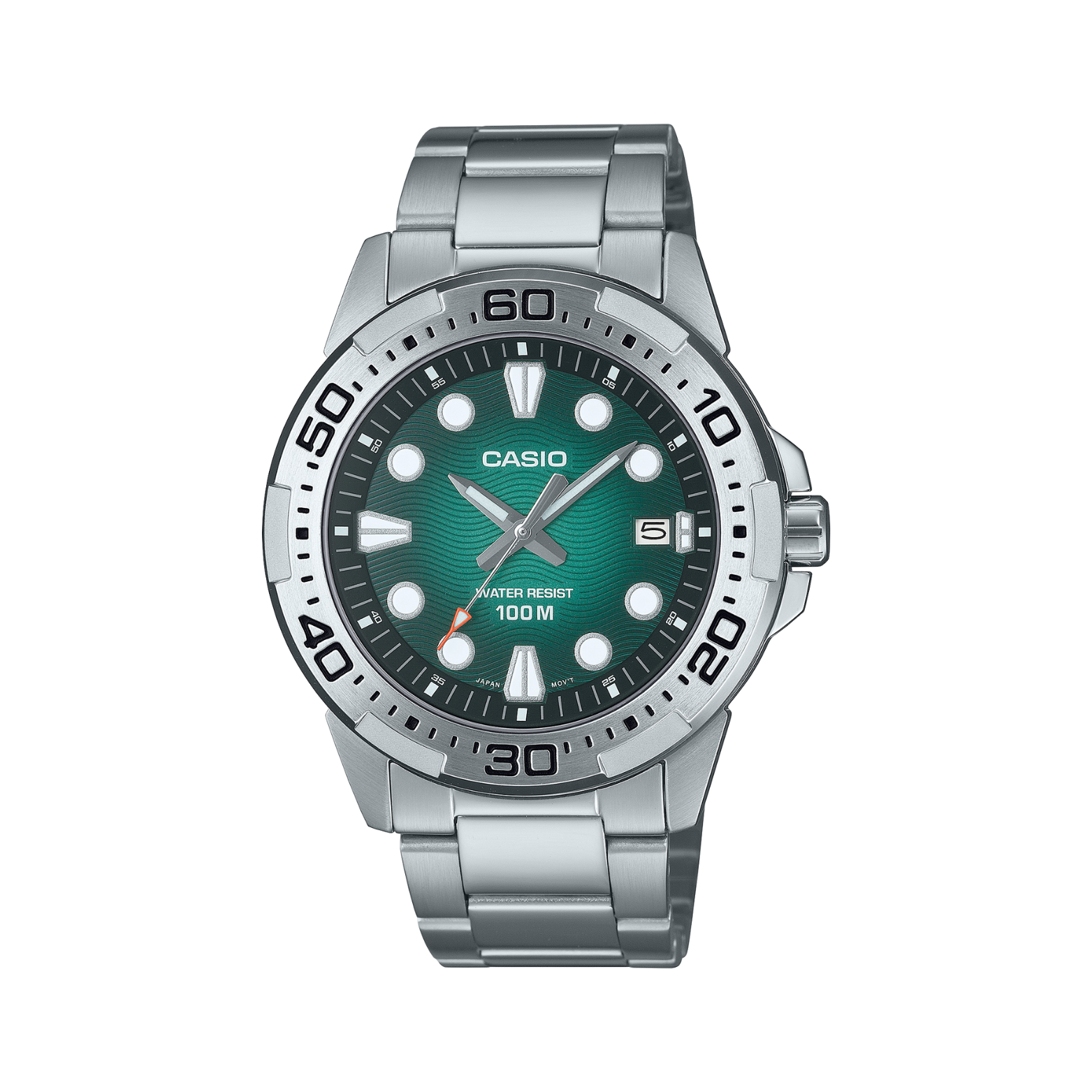 Casio watch with green dial and silver metal strap on a white background
