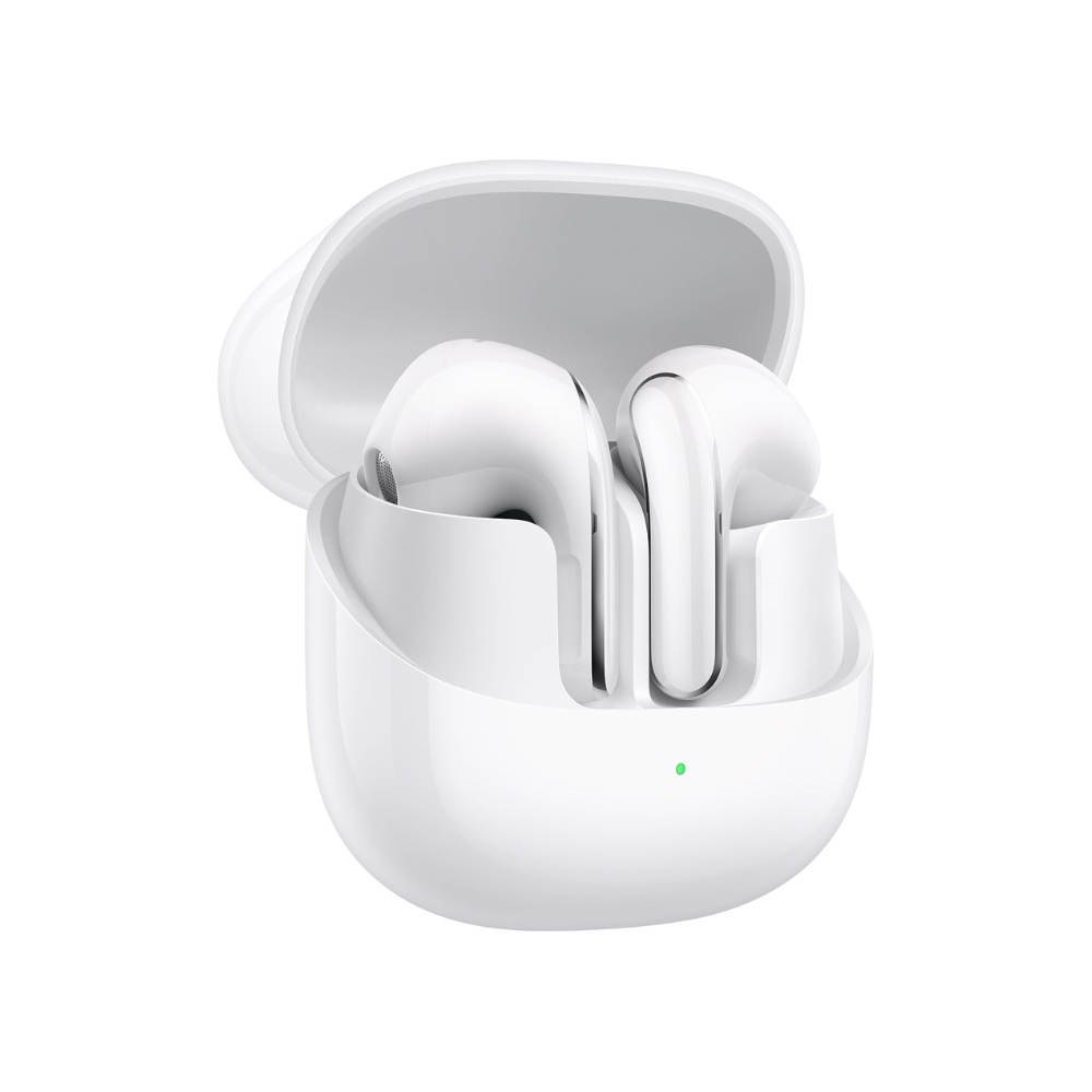 White wireless earbuds in a charging case on a white background