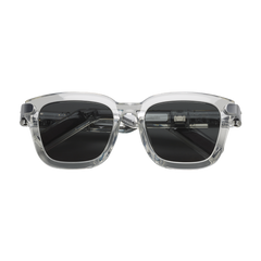 Clear frame sunglasses with dark lenses on a white background