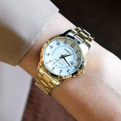 CASIO LTP-V004G-7BUDF Women’s Analog Watch – Gold Stainless Steel, White Dial, Quartz Movement, Water Resistant, Elegant Classic Ladies Watch