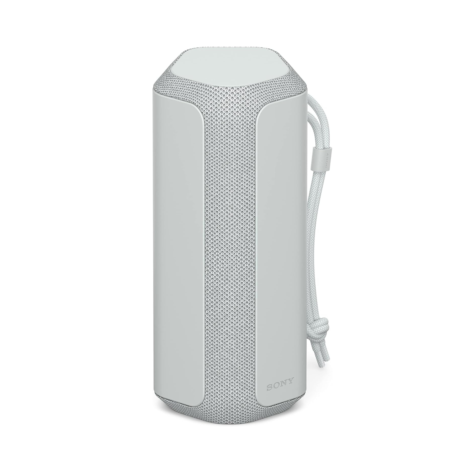 White portable speaker with a strap on a white background