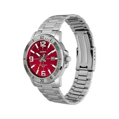 Casio MTP‑VD01D‑4BVUDF Men’s Analog Watch – Red Dial, Stainless Steel, 50 m Water Resistant, Date Display