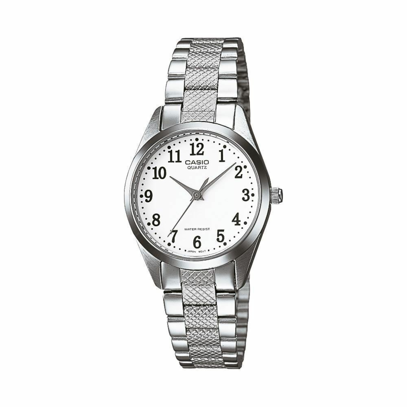 Silver Casio watch with a white face on a white background
