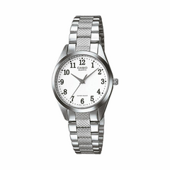 Silver Casio watch with a white face on a white background