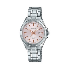 Casio watch with silver strap and pink dial on a white background