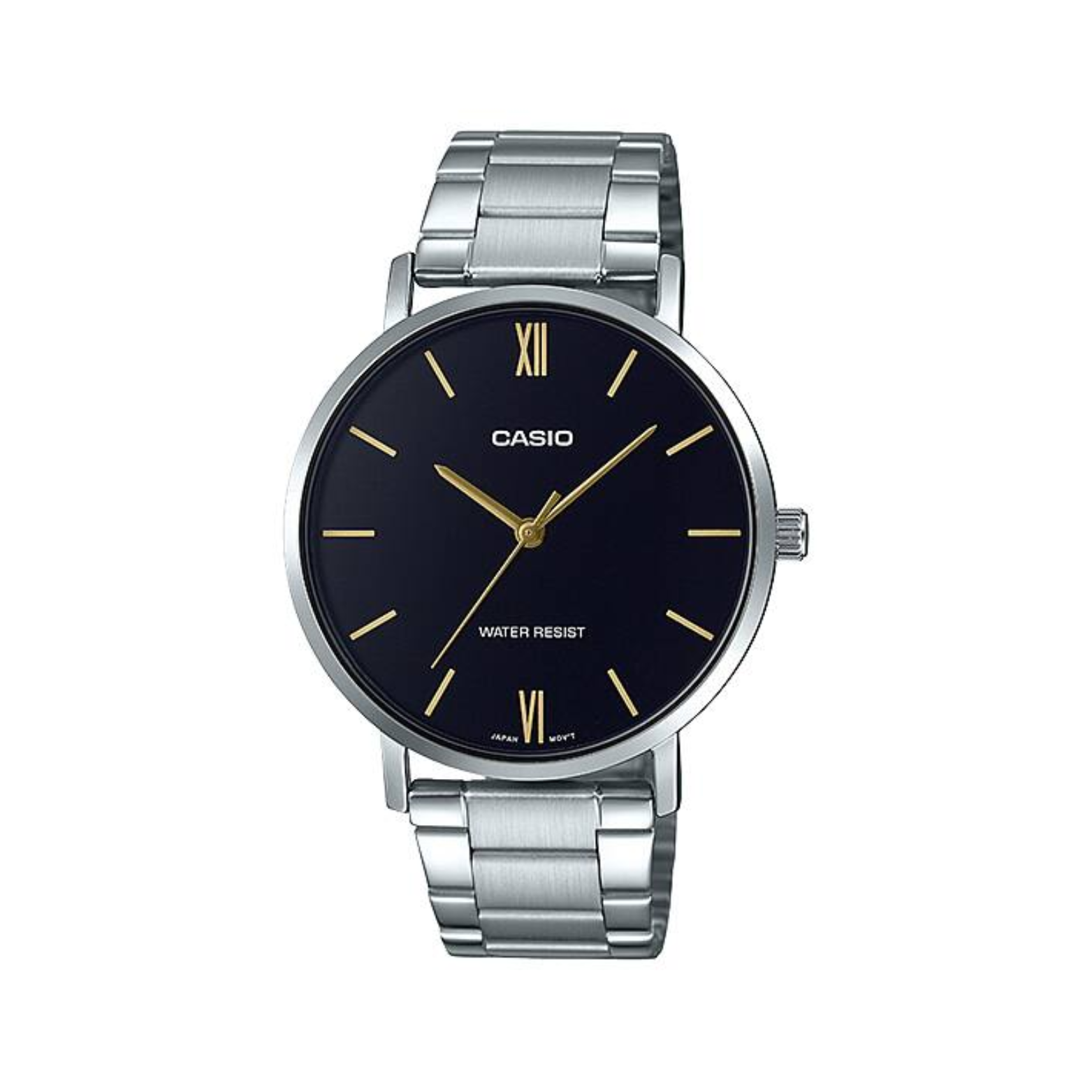 Casio watch with black face and silver metal strap on a white background