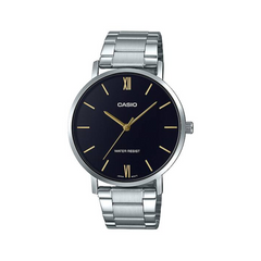 Casio watch with black face and silver metal strap on a white background