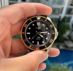 CASIO MDV-106G-1A (MDV106G-1AV) Men’s Analog Diver Watch – 200M Water Resistant, Gold Bezel, Black Dial, Screw-Down Crown, Date, Quartz, Resin Strap
