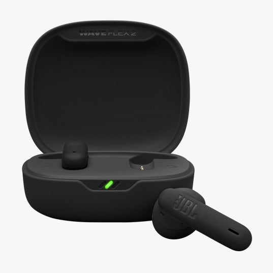 Black wireless earbuds with charging case on a white background