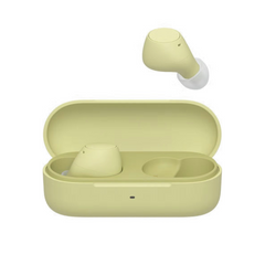 Green wireless earbuds with charging case on a white background