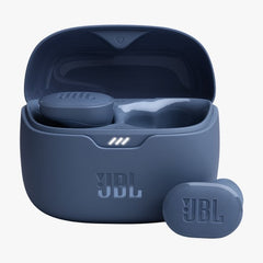 Blue JBL wireless earbuds with charging case on a white background